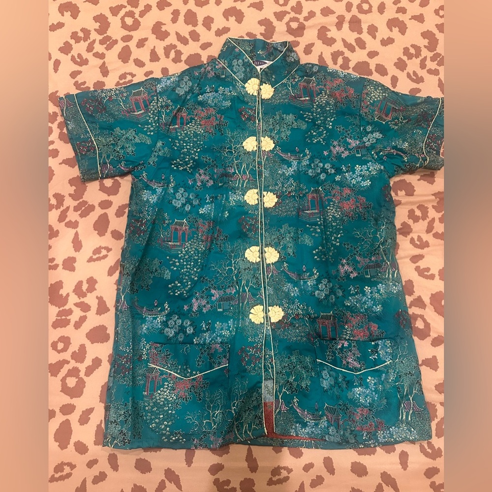 Teal Floral Mandarin Collar Blouse with snap Closures